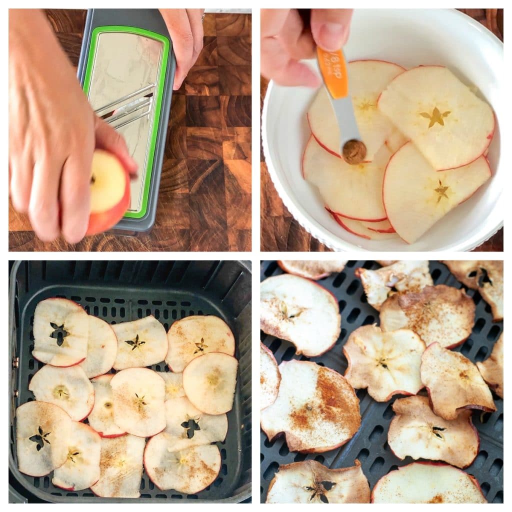 apple on mandoline, with cinnamon, apples slices in air fryer basket