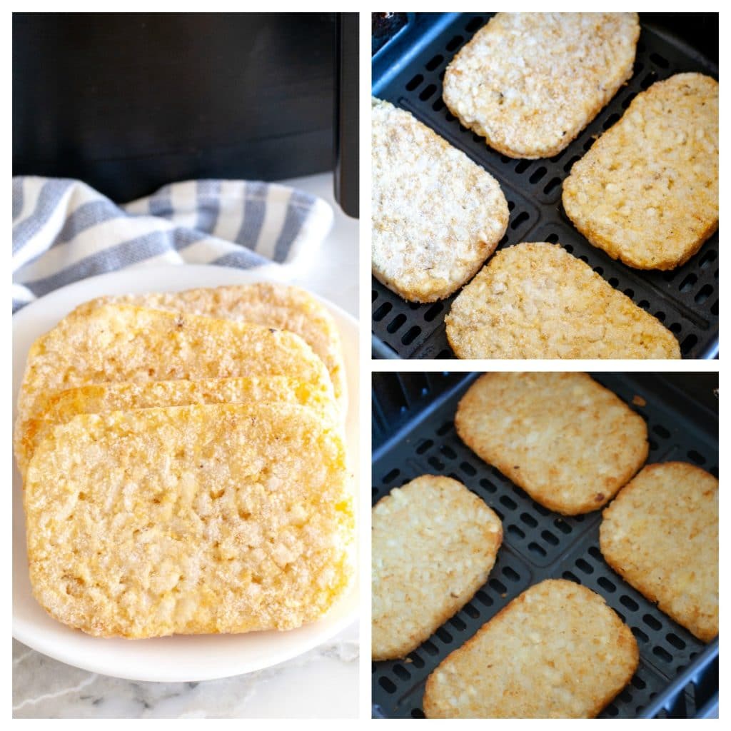 Frozen hash browns on a plate and then cooked in air fryer