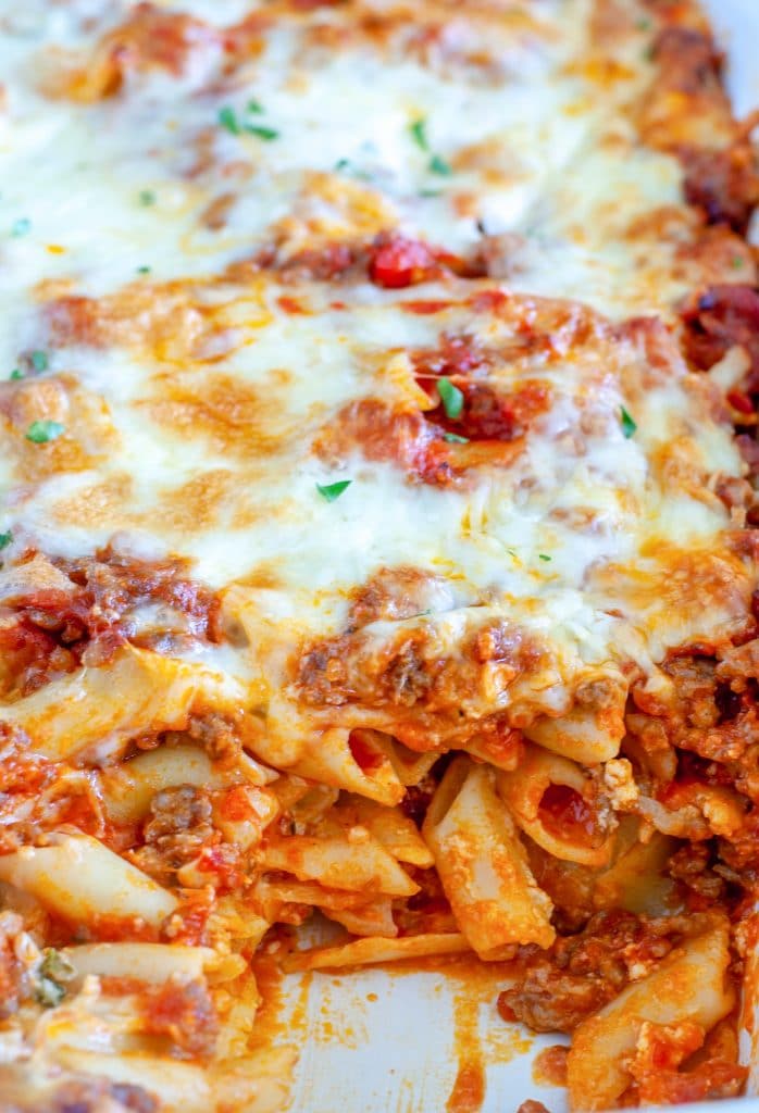 Mostaccioli in a casserole dish