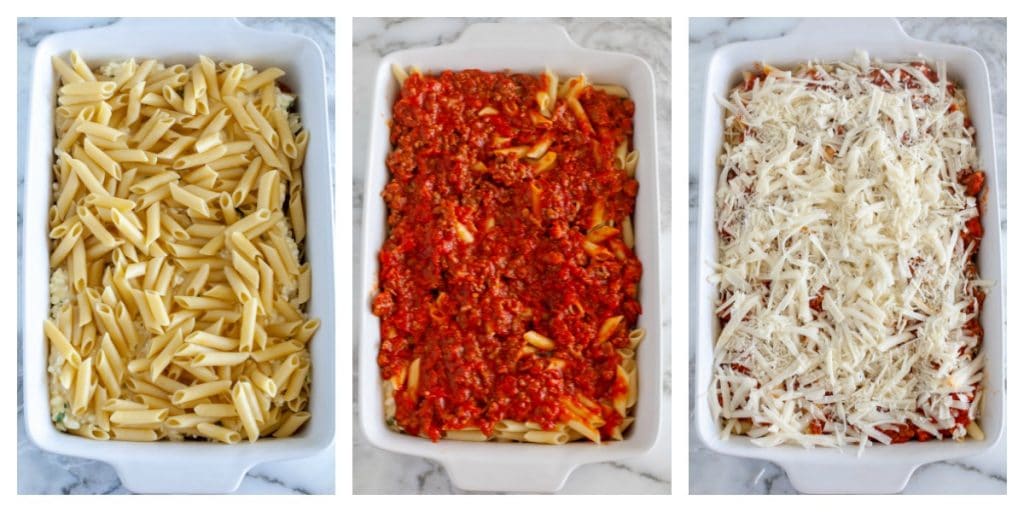 Casserole dish with pasta, sauce and cheese