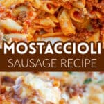 Baked mostaccioli in a casserole dish.