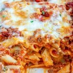 Baked Mostaccioli in a casserole dish