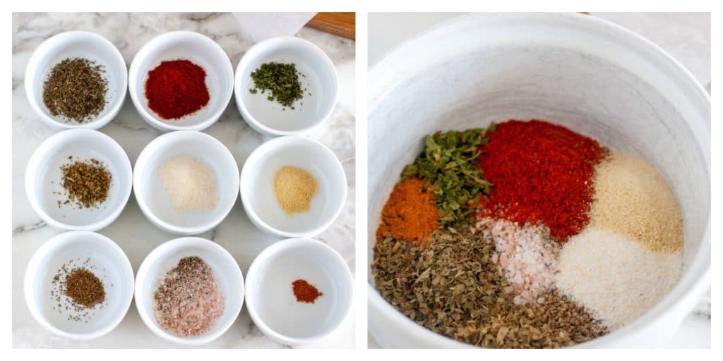 Spices in small white bowls and then combined into one bowl