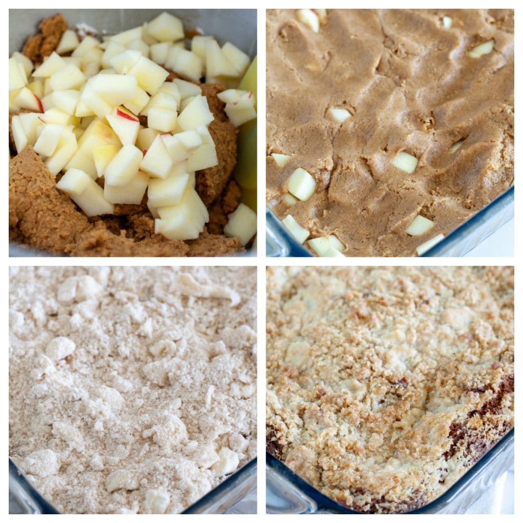 Gingerbread batter with apples, in a baking dish, topped with streusel and baked