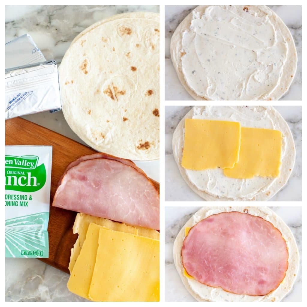 tortilla with cream cheese, ranch, cheese and ham