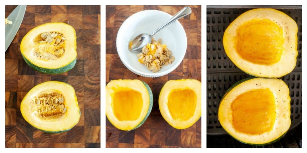 acorn squash cut in half and in air fryer basket