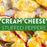 Cream cheese stuffed mini peppers on a plate.