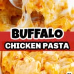 Buffalo chicken pasta in a casserole dish.