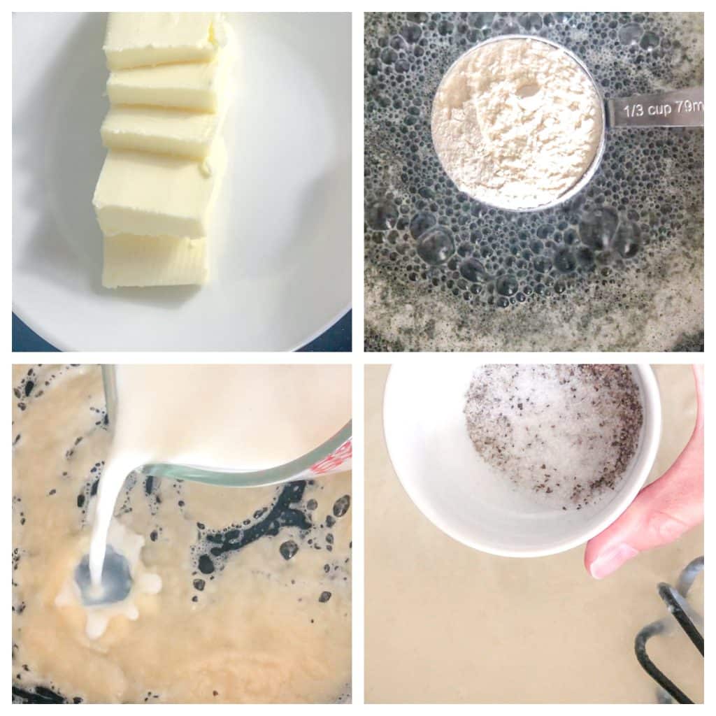 Butter going into skillet with flour, milk, salt, and pepper. 