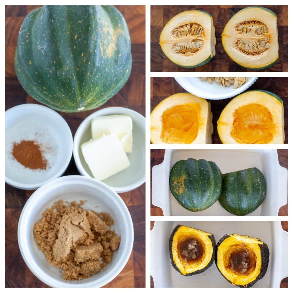 acorn squash cut in half in baking dish