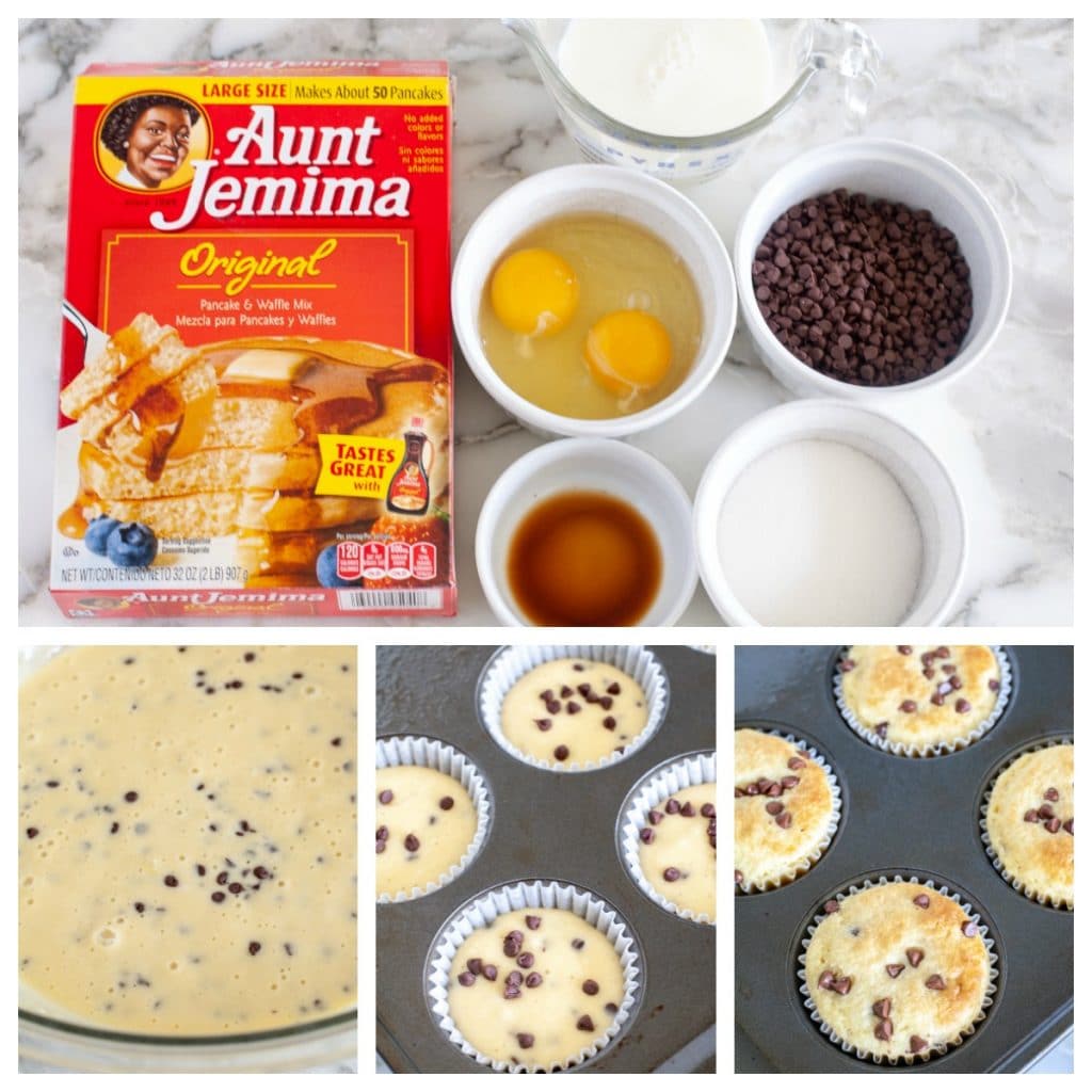 Pancake mix, eggs, milk, vanilla, sugar, chocolate chips