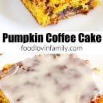 Piece of coffee cake on a plate pin for pinterest