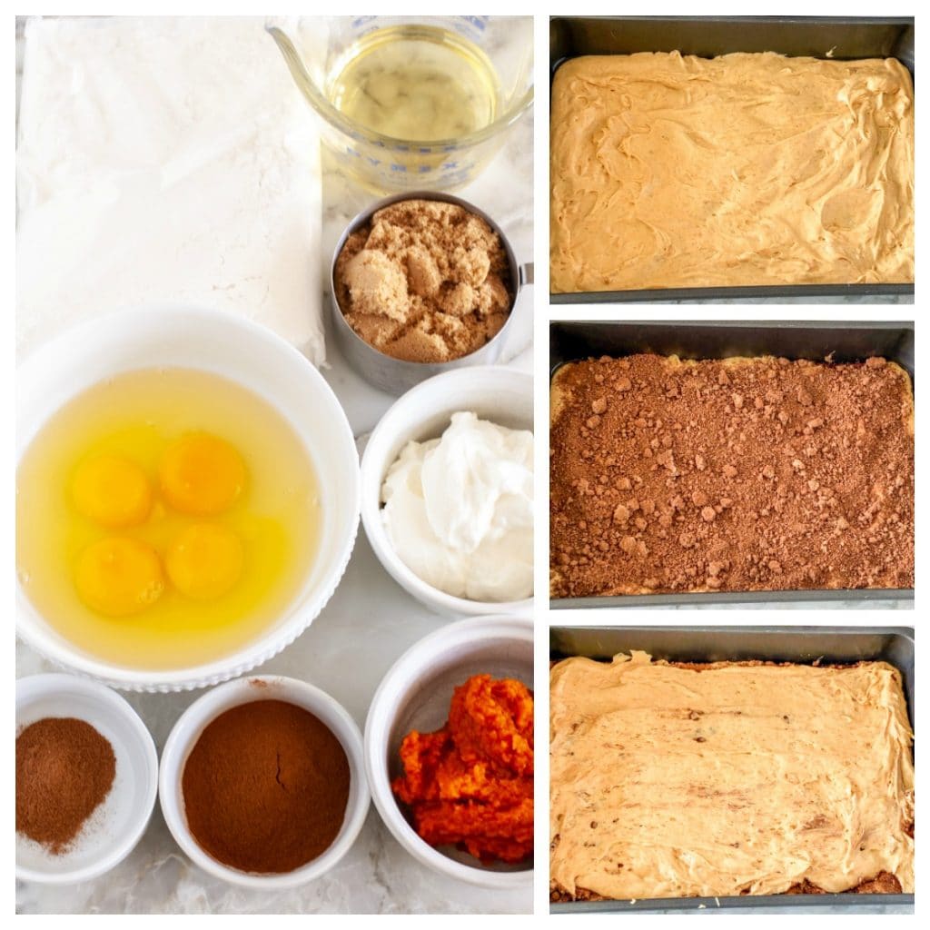 Bowl of eggs, cake mix, pumpkin, brown sugar, oil, cinnamon, sour cream