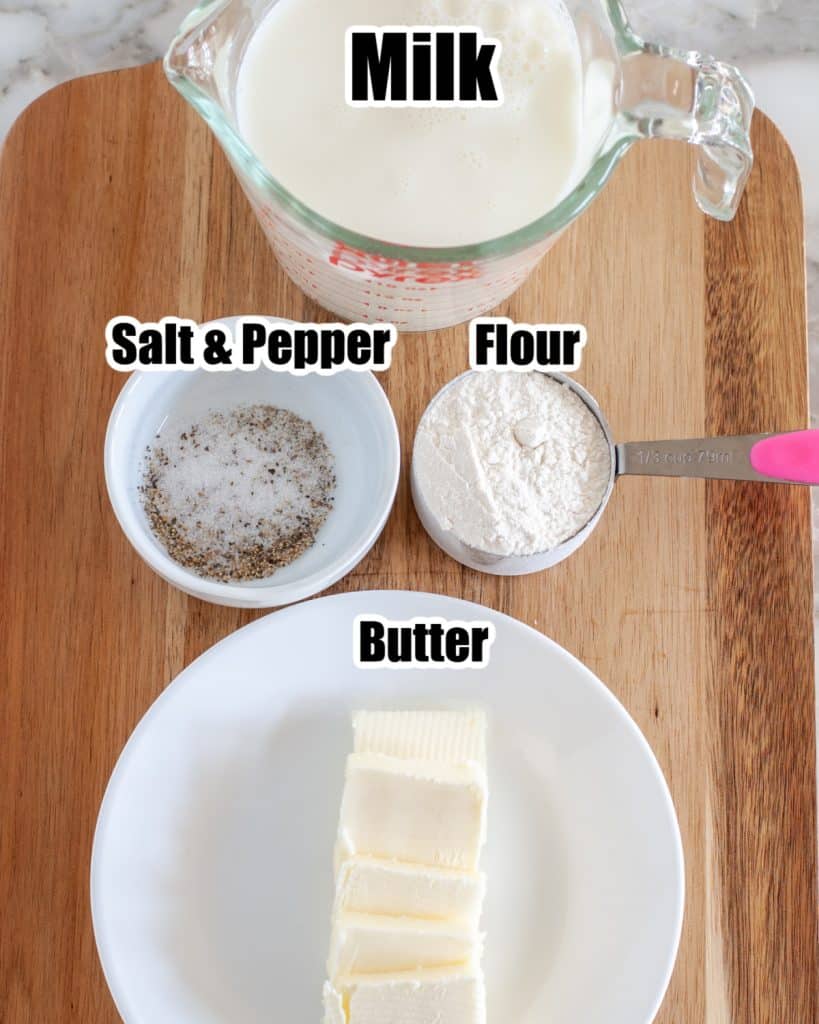 Bowl of milk, flour, salt, pepper, and butter. 