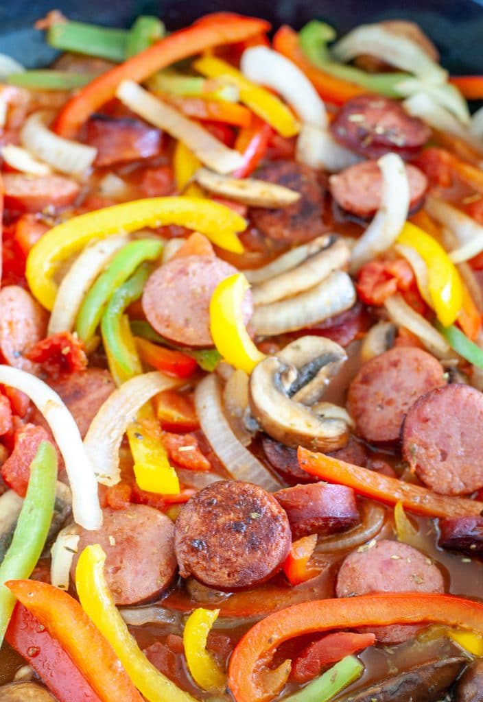 Sausage, peppers and onions in skillet