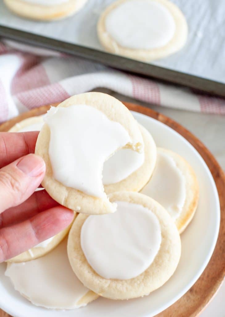 Hand holding cookie with bite taken