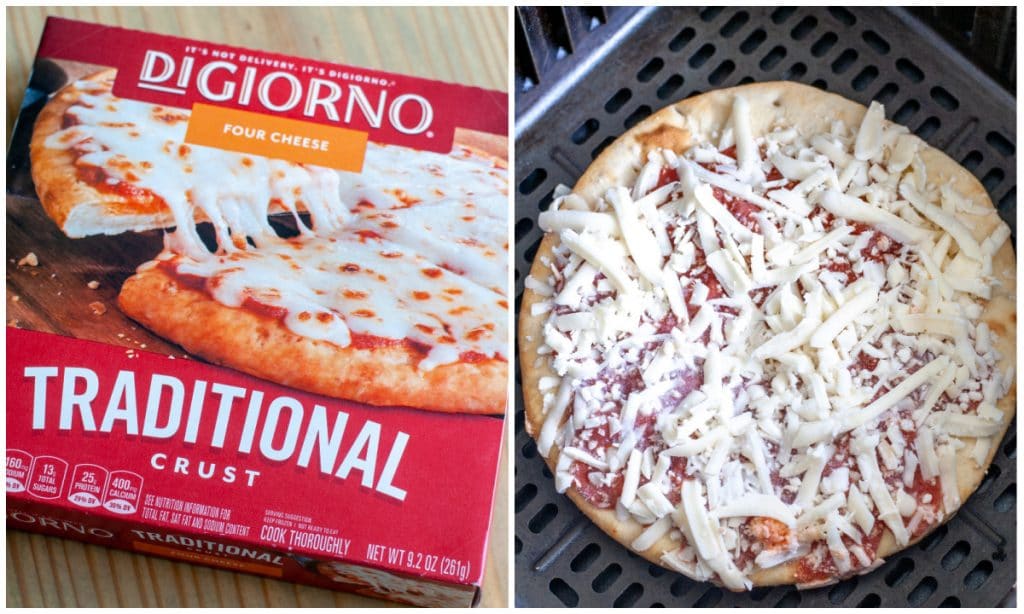 Frozen pizza in box and in air fryer