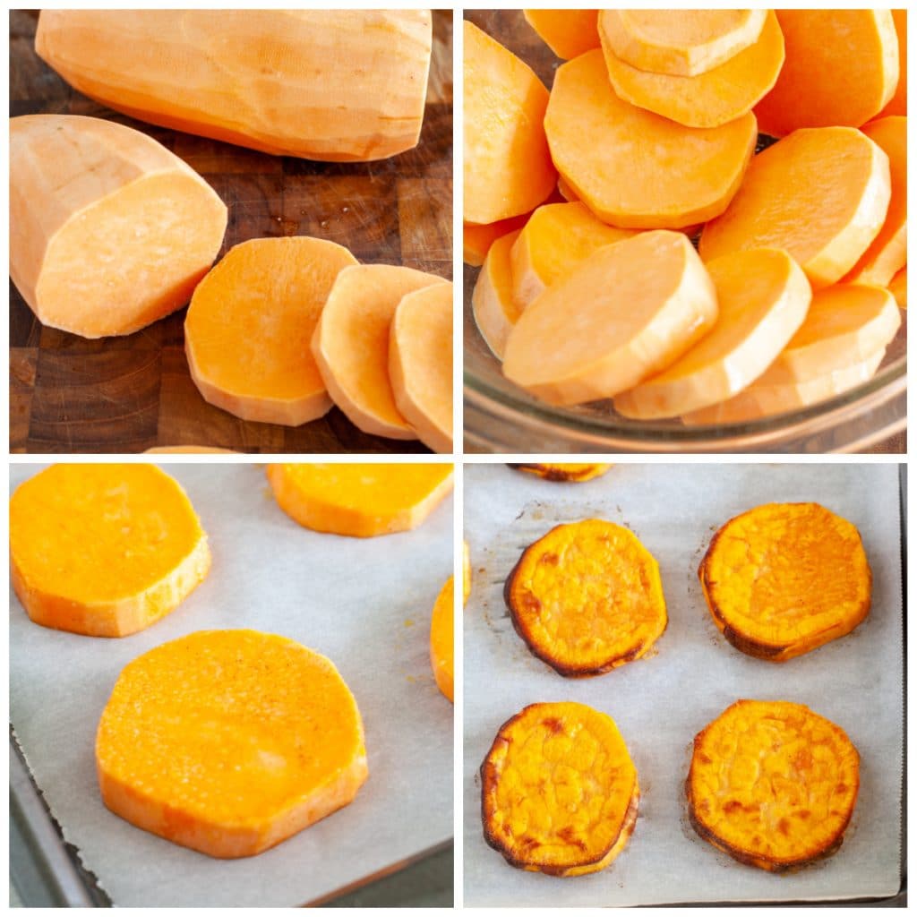 Sliced sweet potato in a bowl and on a baking sheet