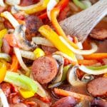 Sausage, peppers and onions in skillet.