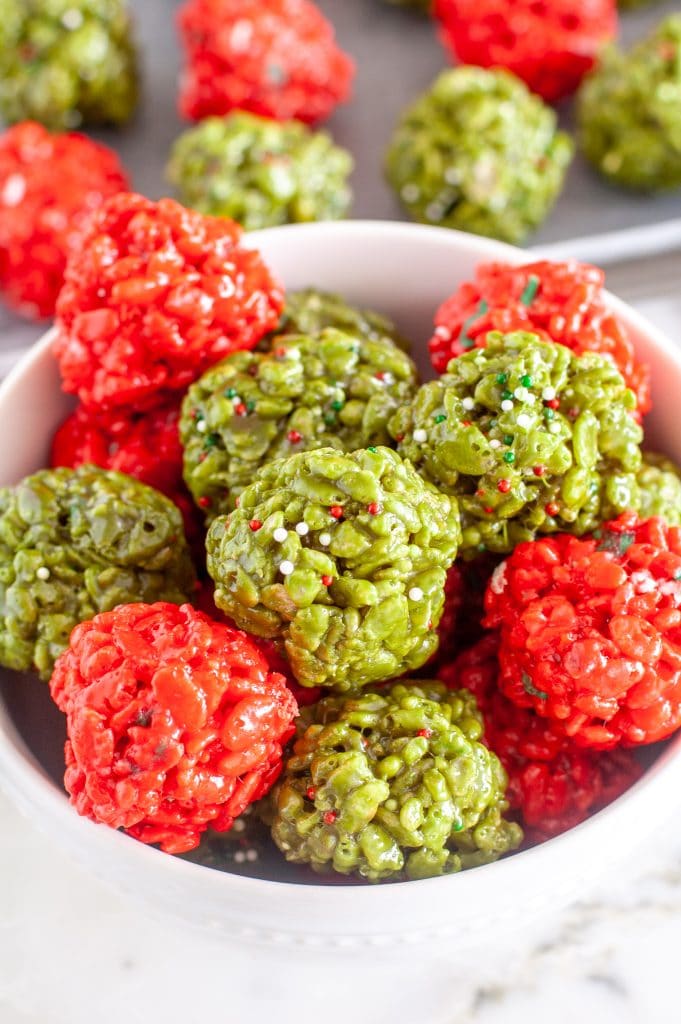 Rice krispie treat balls in a bowl