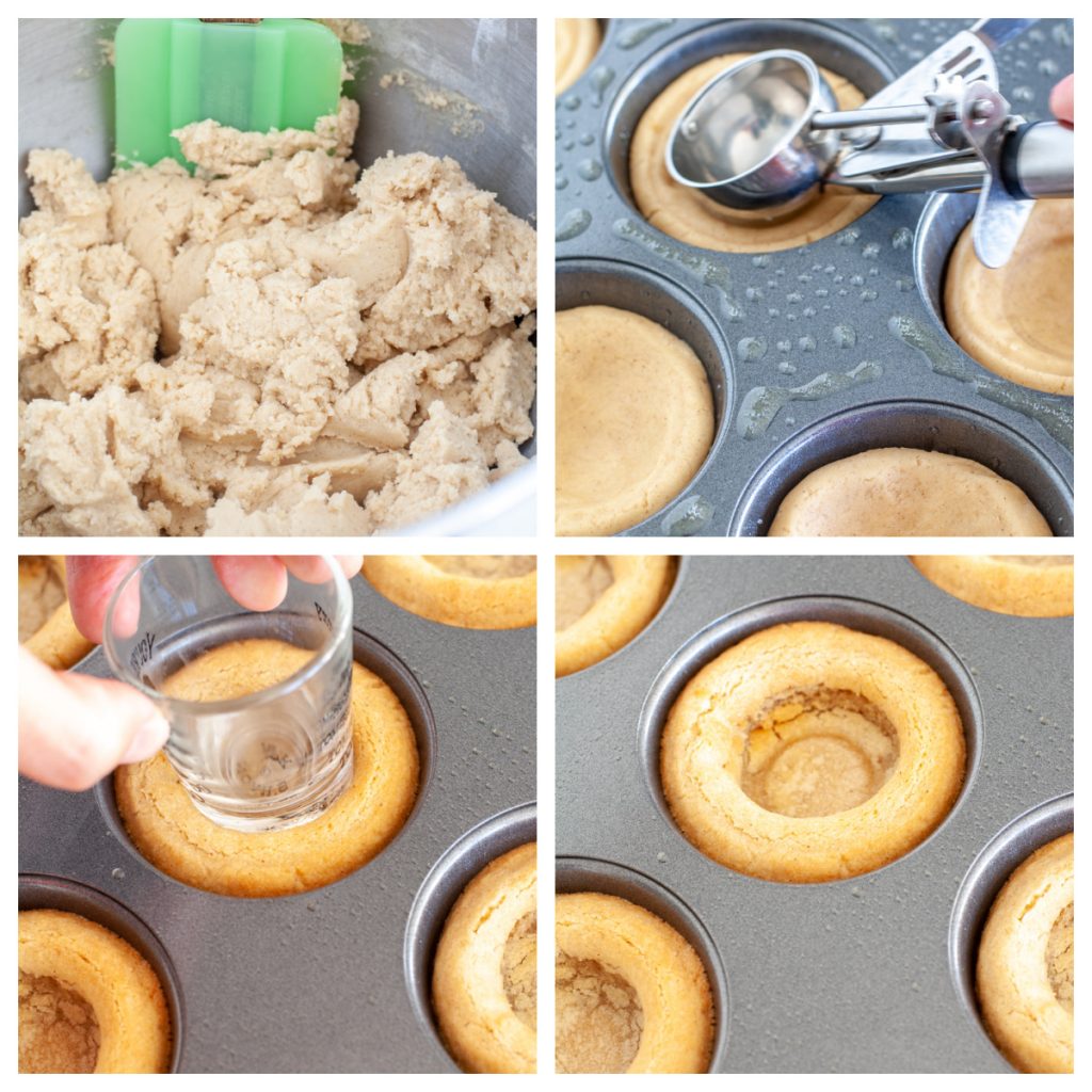 Cookie dough in bowl and in muffin tin.