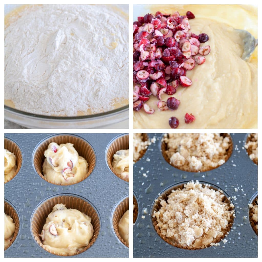 Muffin batter in a bowl, then in muffin cups.
