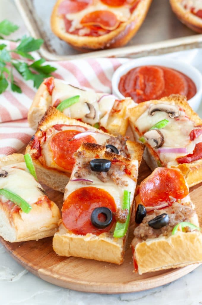 Sliced French Bread pizza on a plate