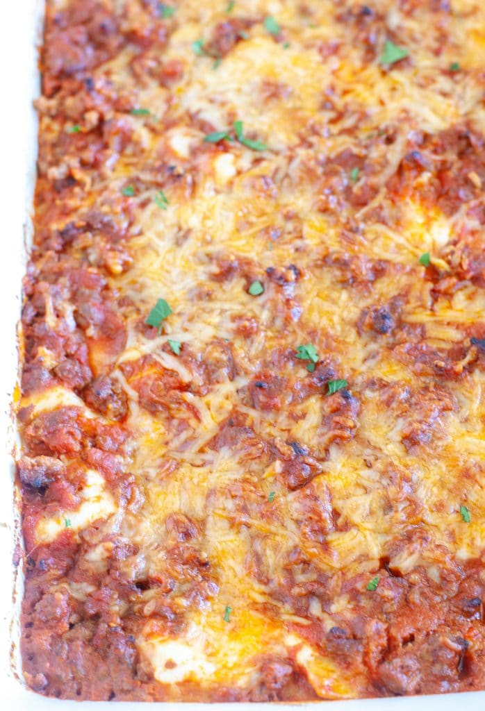 Whole cooked lasagna in casserole dish