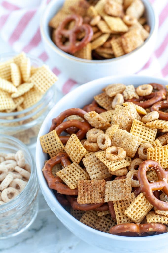 Bowl of snack mix, bowl of chex, 