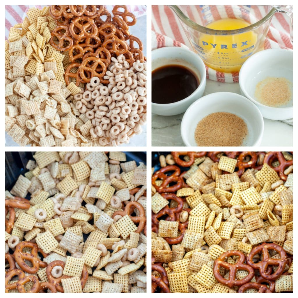 Chex mix in a bowl with butter and seasonings. 