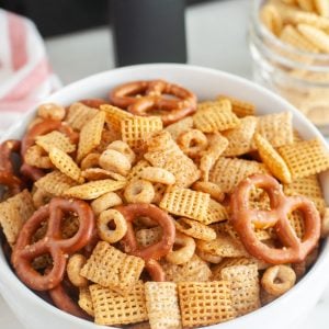 Bowl of cereal snack mix.