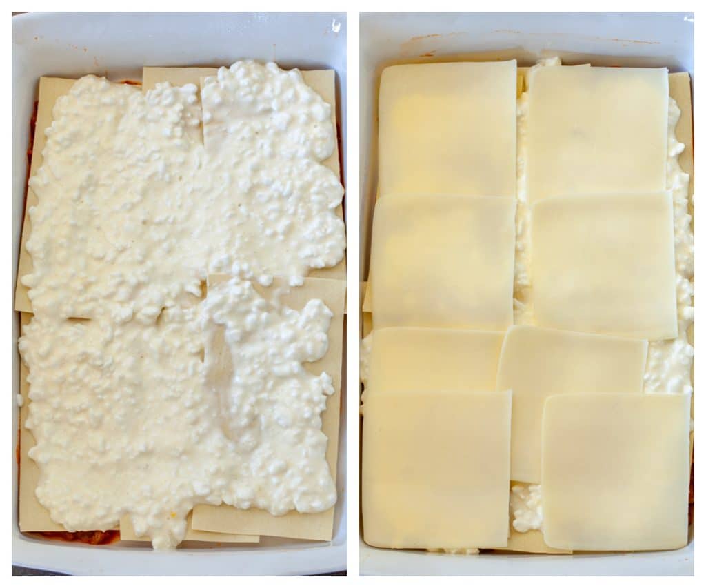 Layer of cottage cheese on top of pasta and a layer of mozzarella slices. 