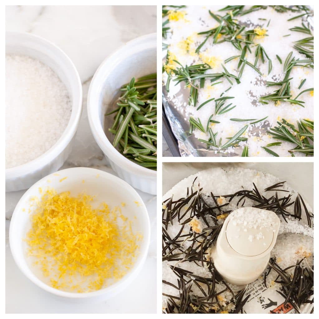 Salt, lemon zest and rosemary in a bowl