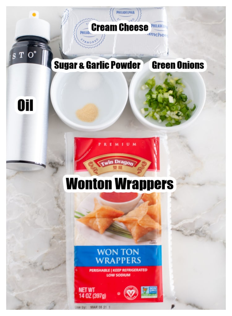 Wonton wrappers, green onion, sugar, garlic powder, cream cheese. 
