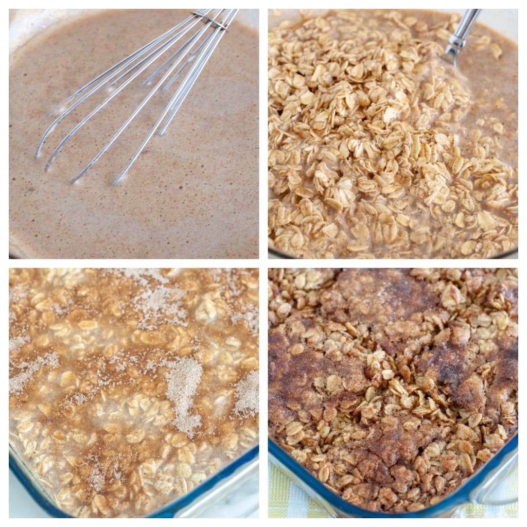 Bowl with whish and liquid ingredients, then oatmeal and baked in casserole dish.