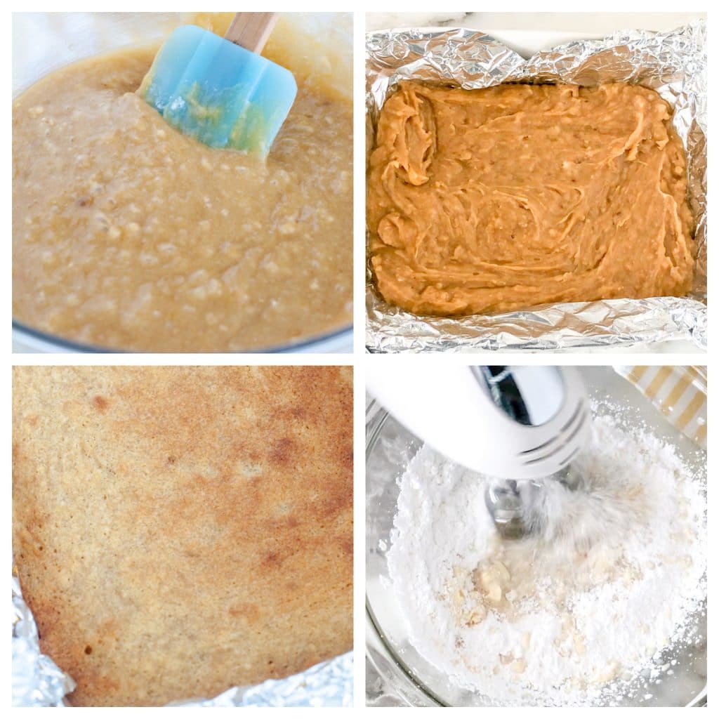 Bowl of blondie batter, batter in pan, bowl of frosting. 