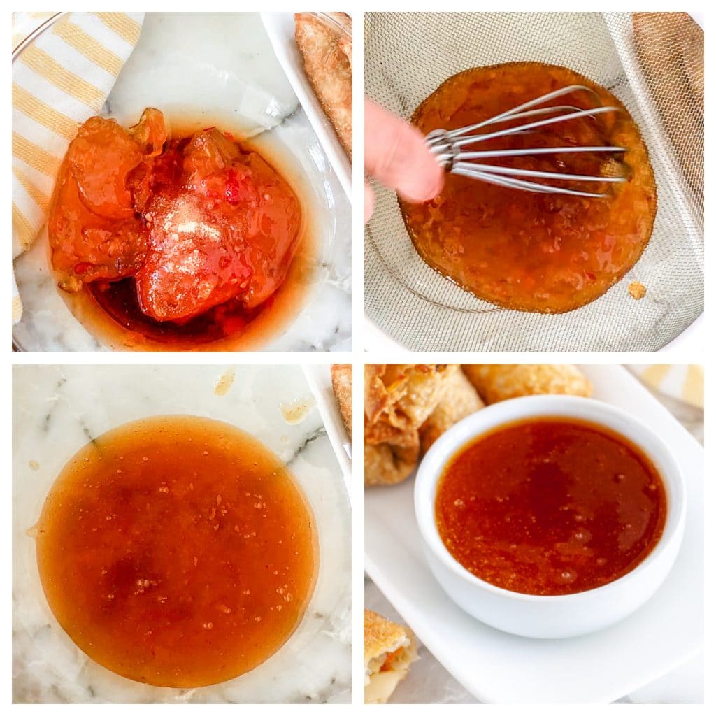 Apricot jam, soy sauce in bowl with a whisk and then strained. 