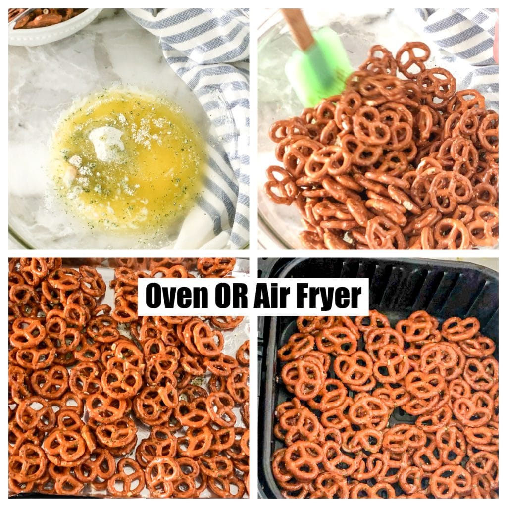 Spices and butter in a bowl, pretzels on pan and in air fryer. 