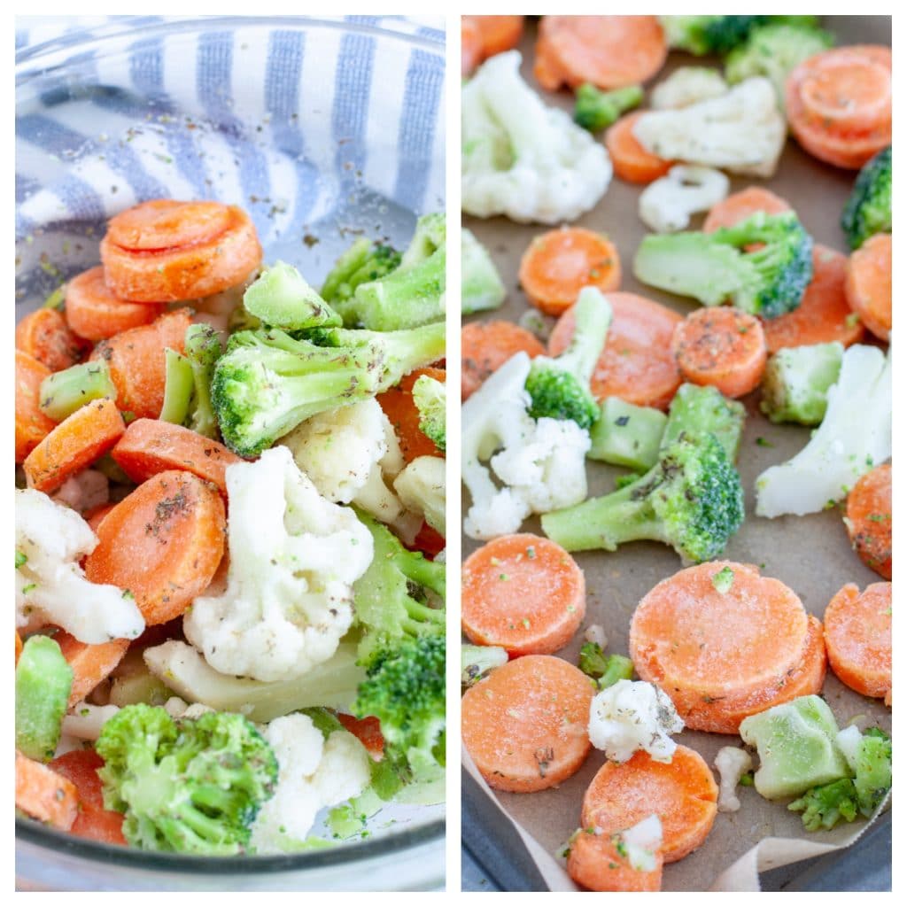 Frozen vegetables in a bowl and on a sheet pan. 