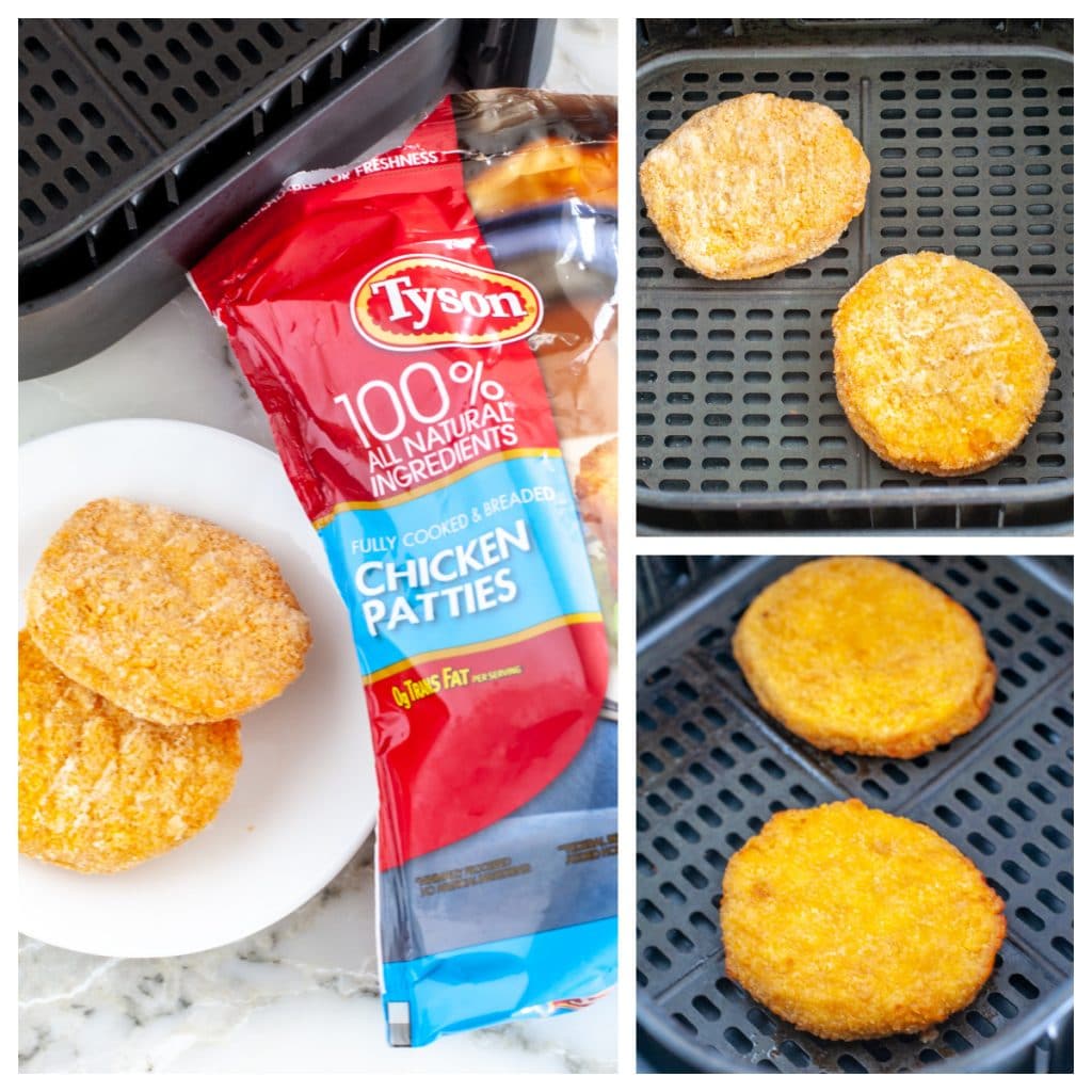 Frozen chicken patties in air fryer basket. air fryer 