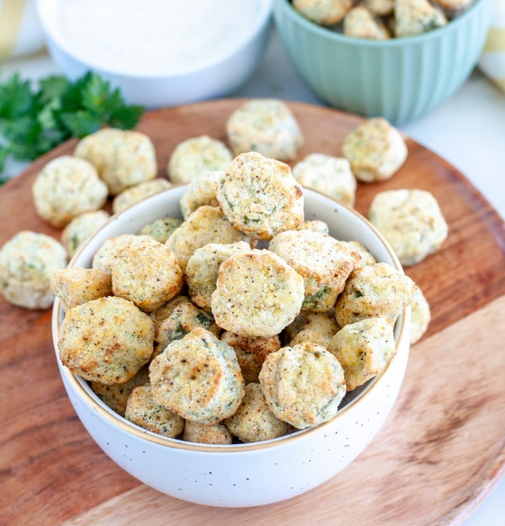 Breaded okra in a bowl. 