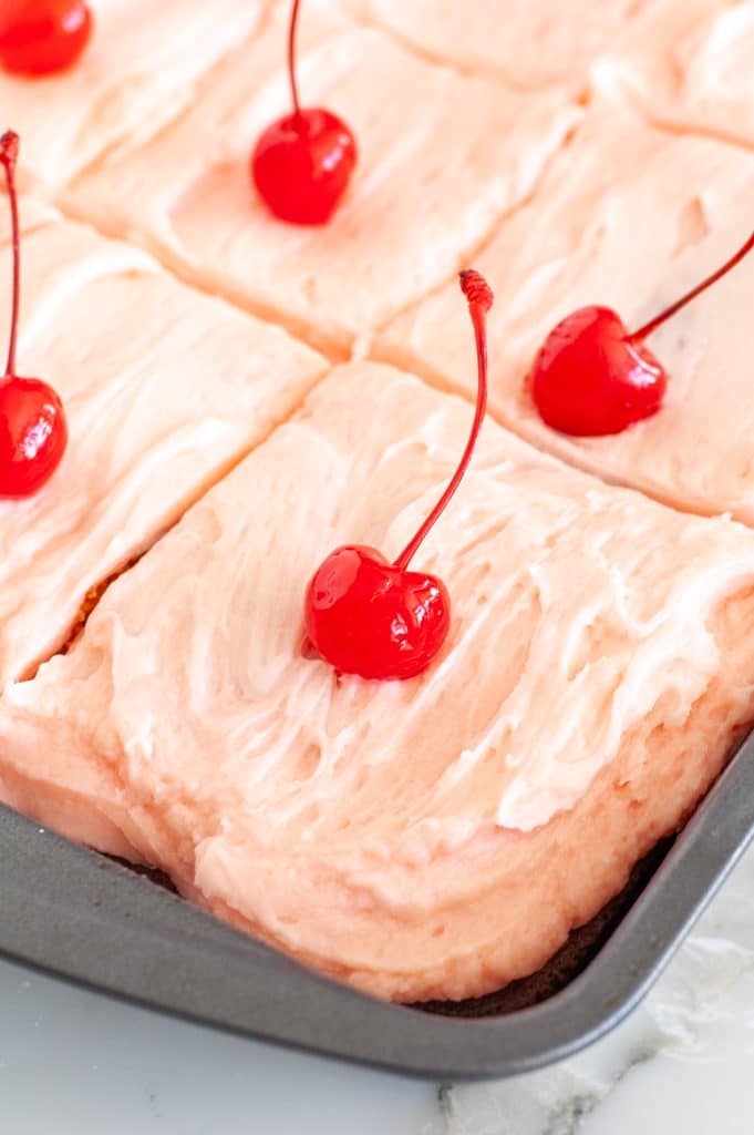 Cherry cake in baking pan. 