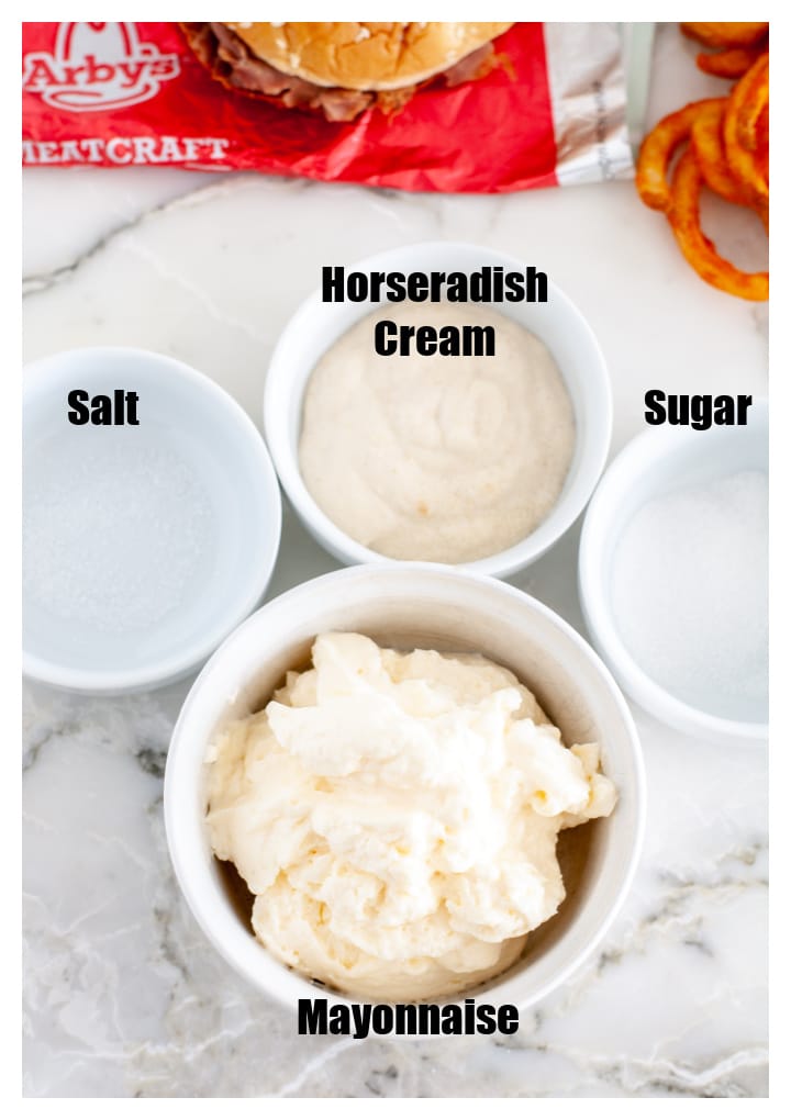 Bowl of mayo, salt, sugar and horseradish.