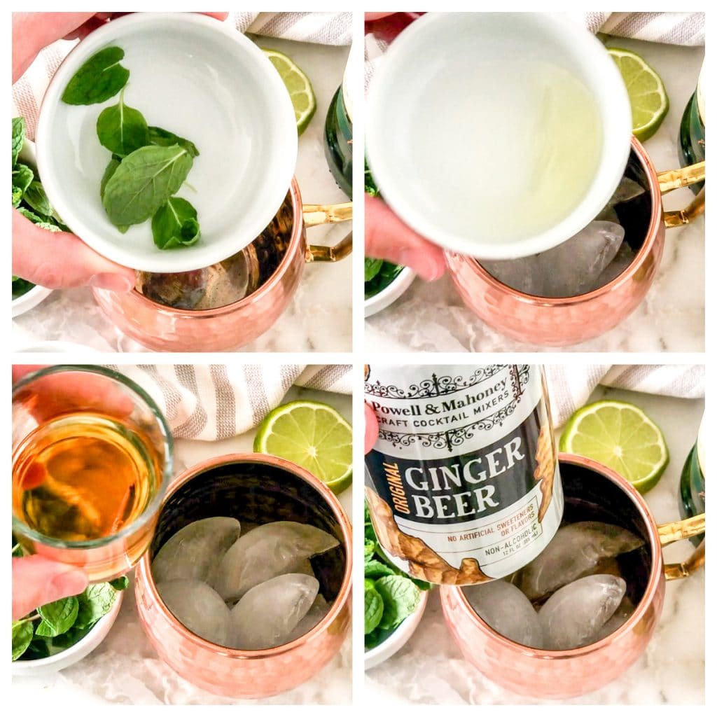 Mint Leaves, lime juice, whiskey, ginger beer. 