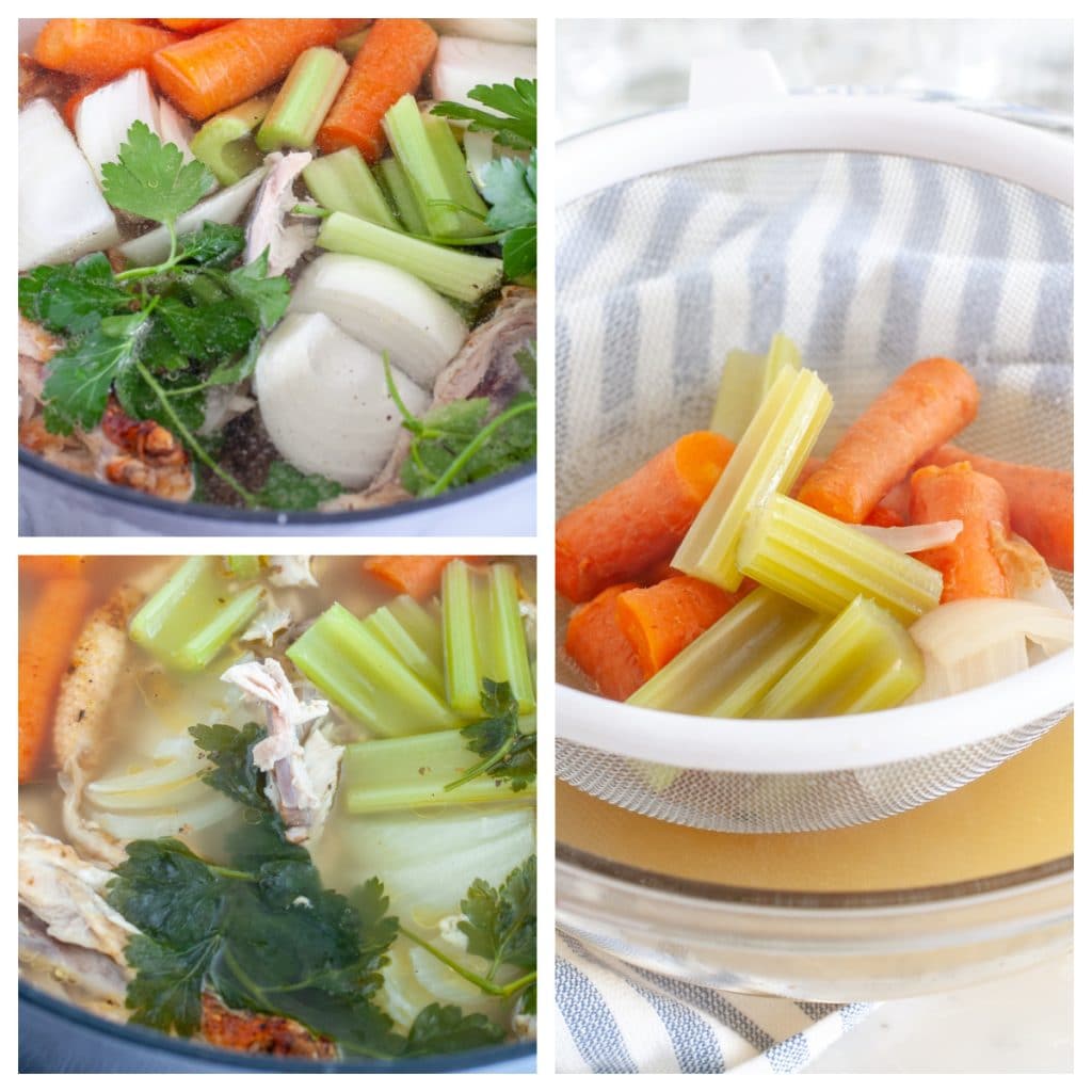 Pot with vegetables and chicken bones. Mesh strainer with vegetables. 