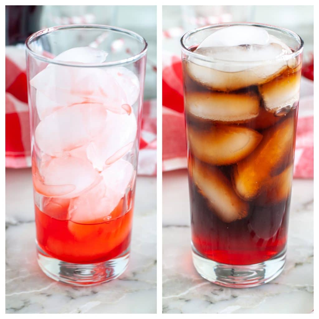 Glass with ice and grenadine. Glass with Coke and grenadine. 