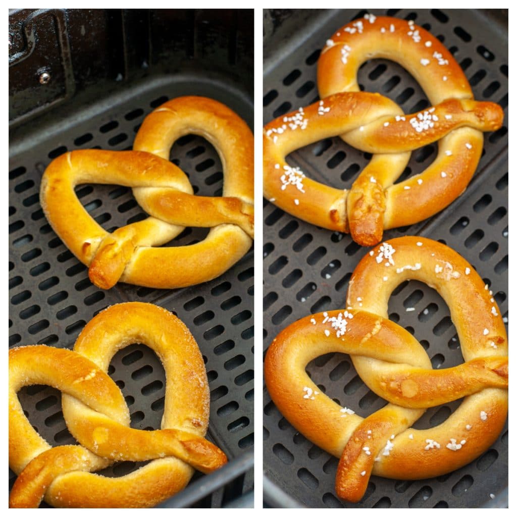 Frozen pretzels in air fryer basket. 