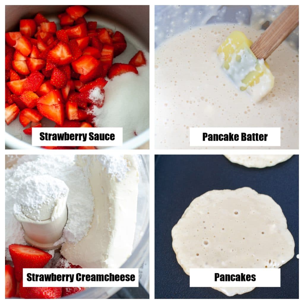 Strawberries and sugar in pot. Pancake batter on griddle.