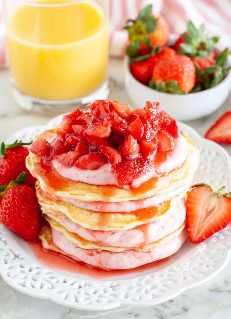 Pancakes with strawberry syrups.