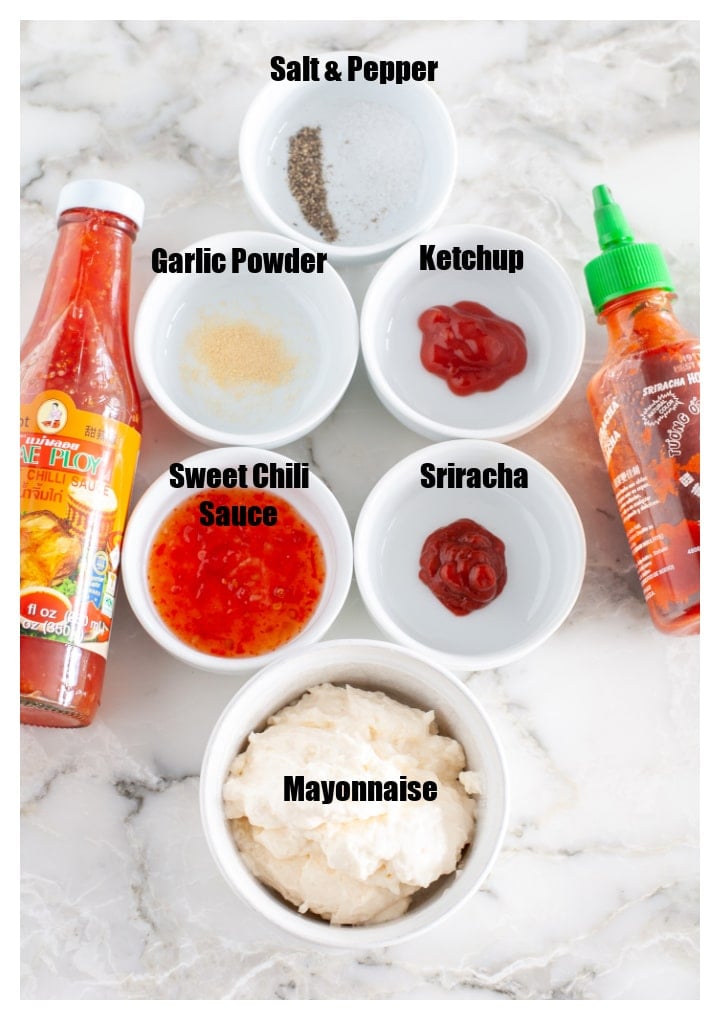 Bowl of ketchup, mayo, sweet chili sauce, sriracha, garlic powder. 
